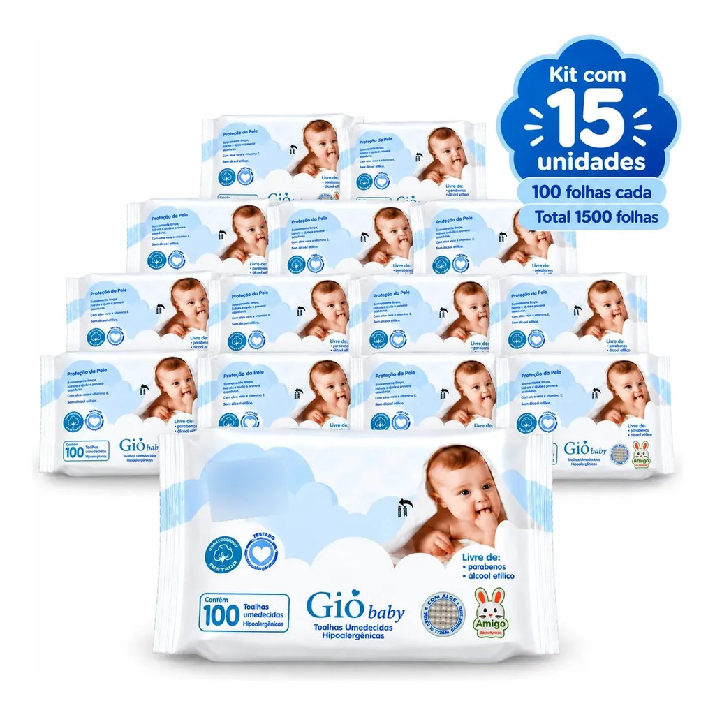 Kit 1.500 Lenços Umedecidos Gio Baby Hipoalergênicos (15 pacotes com 100 Folhas)