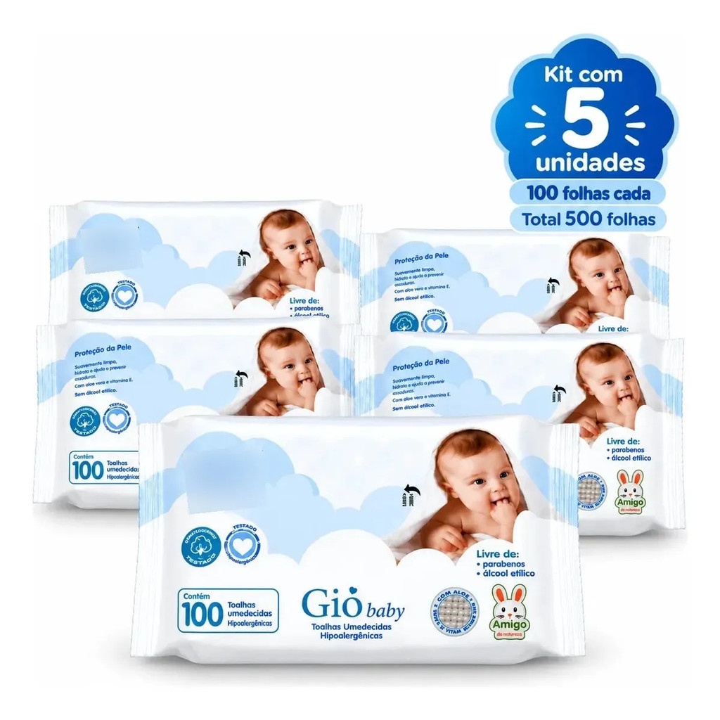 Kit 500 Lenços Umedecidos Gio Baby Hipoalergênicos (5 pacotes com 100 Folhas)