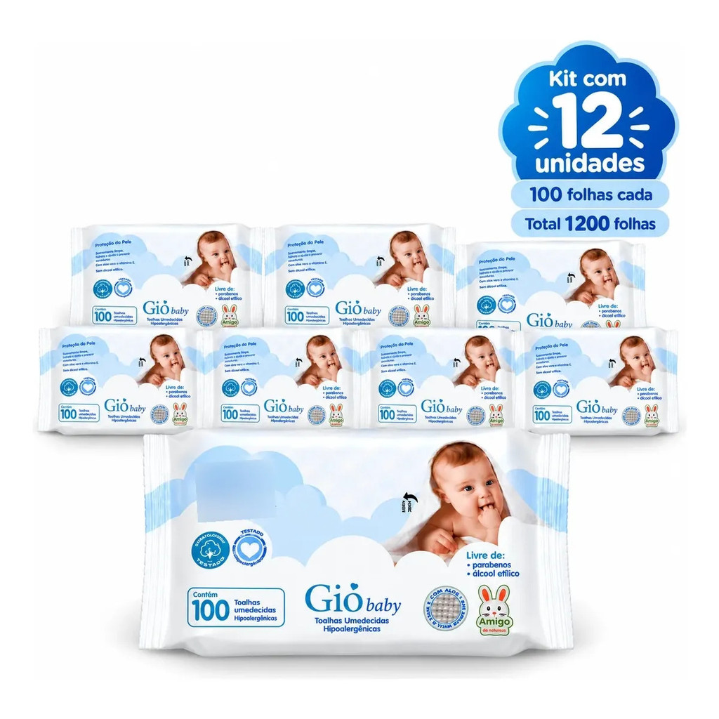 Kit 1.200 Lenços Umedecidos Gio Baby Hipoalergênicos (12 pacotes com 100 Folhas)