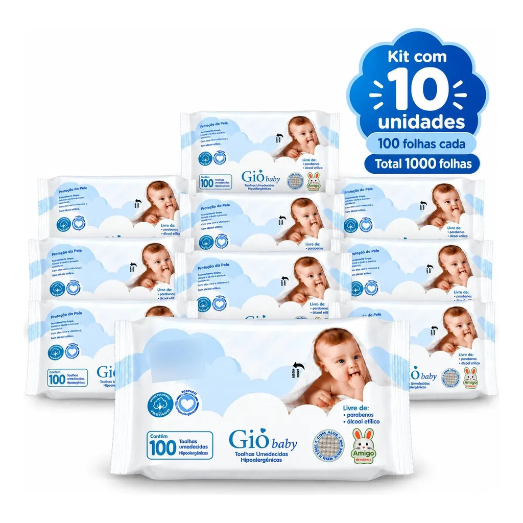 Kit 10 Lenços Umedecidos Gio Baby Hipoalergênicos 100 Folhas