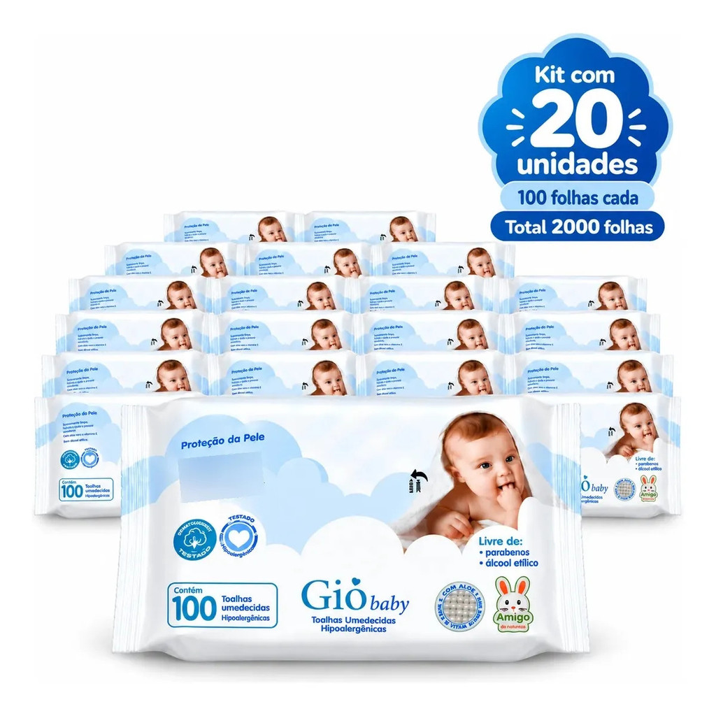 Kit 2.000 Lenços Umedecidos Gio Baby Hipoalergênicos (20 pacotes com 100 Folhas)