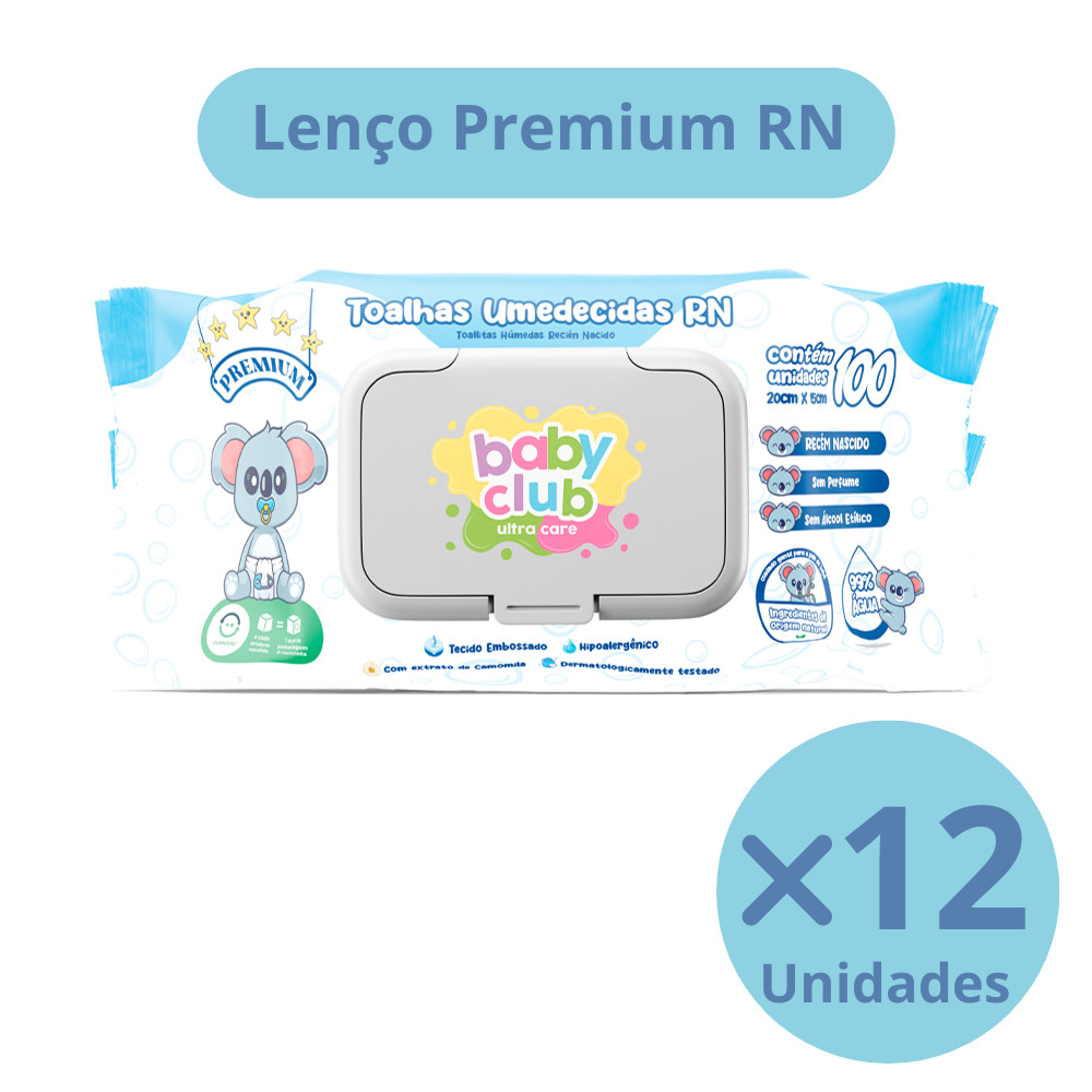 KIT 12 UNIDADES TOALHAS UMEDECIDAS RECEM NASCIDO BABY CLUB 100 FOLHAS PREMIUM