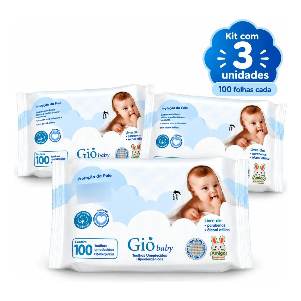 Kit 300 Lenços Umedecidos Gio Baby Hipoalergênicos ( 3 pacotes com 100 Folhas)