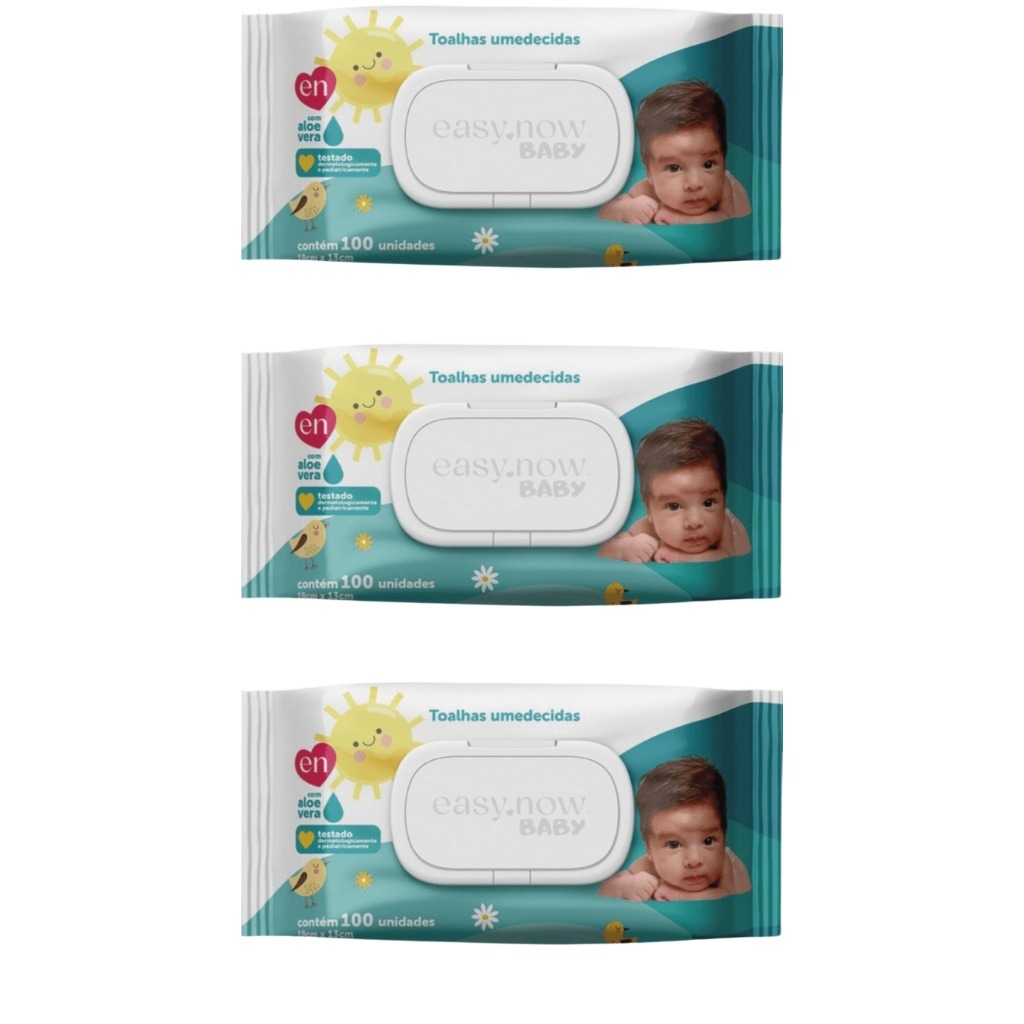 Toalha Umedecida Easy Now Baby 3 Pacotes com 100 Folhas Cada com Tampa Flip Top