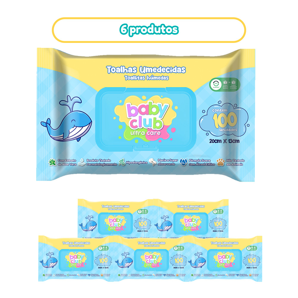 Kit 6 Pacotes Toalhas Umedecidas Tradicional 100 Folhas Cada Baby Club