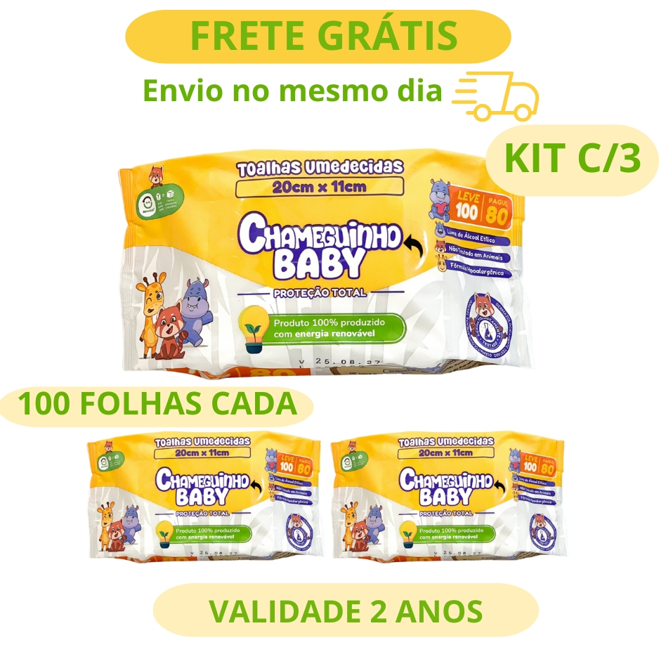 KIT 3 LENÇOS UMEDECIDOS CHAMEGUINHO BABY LANÇAMENTO 100 FOLHAS