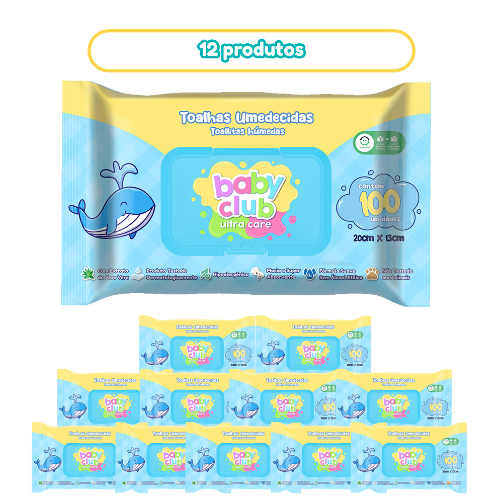 12 Pacotes Toalha Umedecida Tradicional 100 Folhas Cada Baby Club