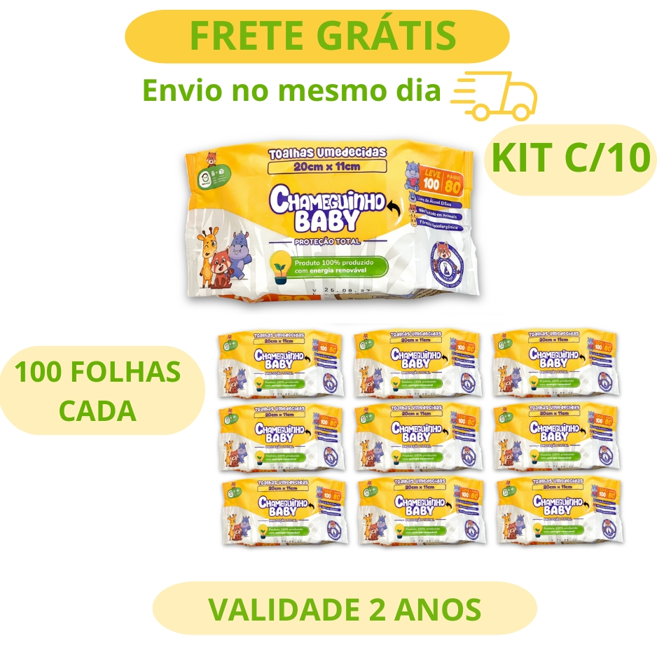 KIT 10 LENÇOS UMEDECIDOS CHAMEGUINHO BABY LANÇAMENTO 100 FOLHAS CADA