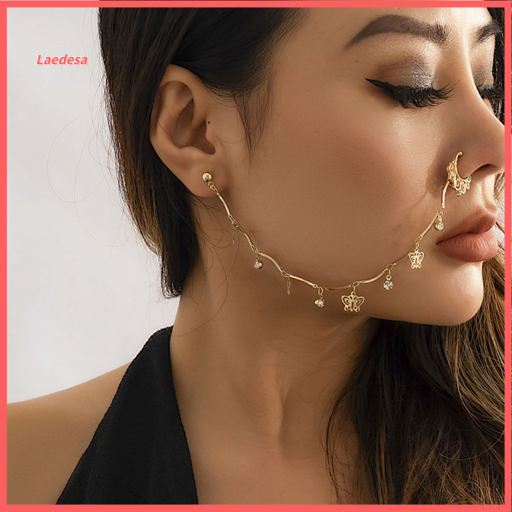 Faux Pearl Tassel Nose Chain Jewelry Ethnic Style Star Leaf Ring Piercing Stud Earrings Traditional Boho for Women
