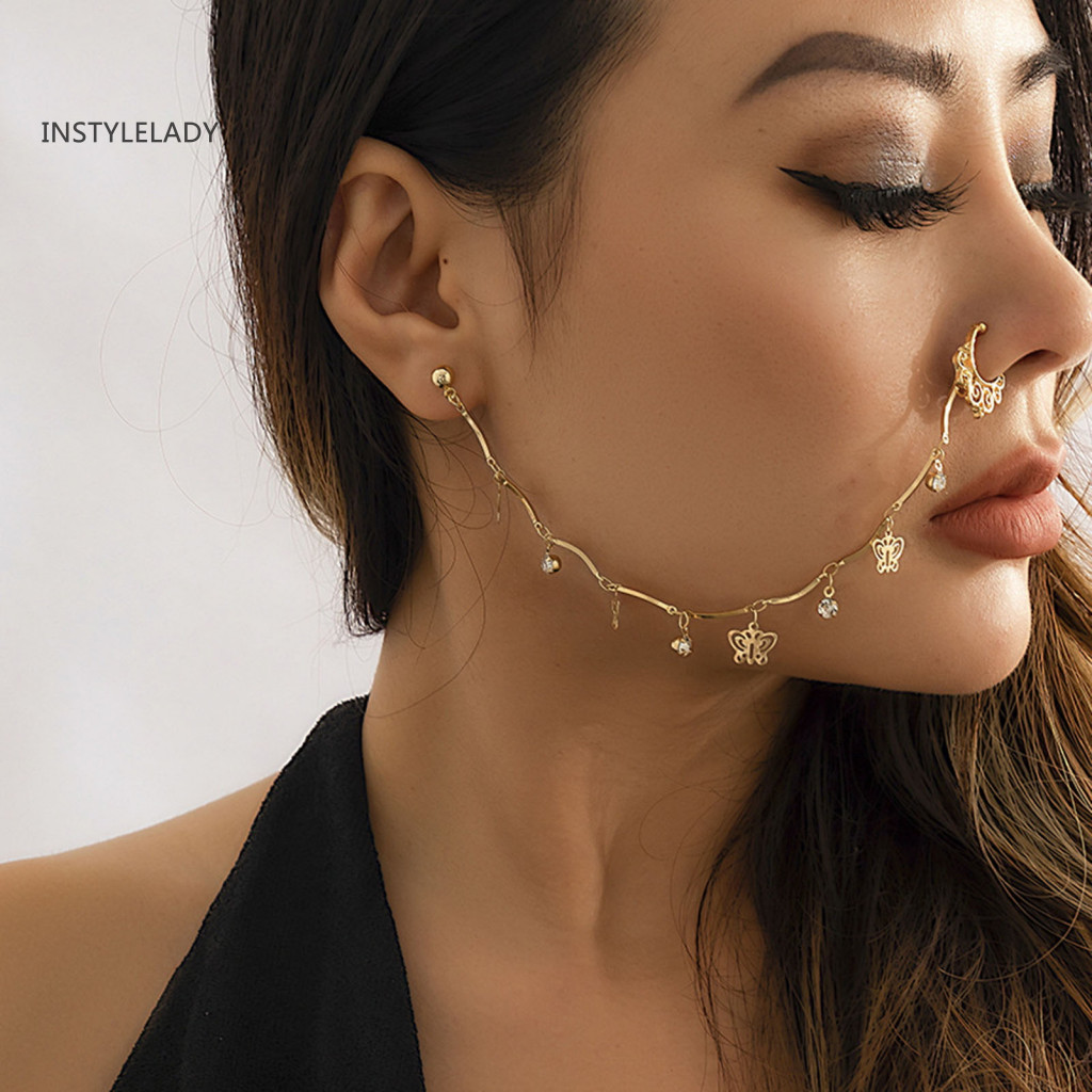 Versatile Nose Chain Jewelry Ethnic Style Star Leaf Faux Pearl Tassel Ring Piercing Stud Earrings Traditional Boho for W