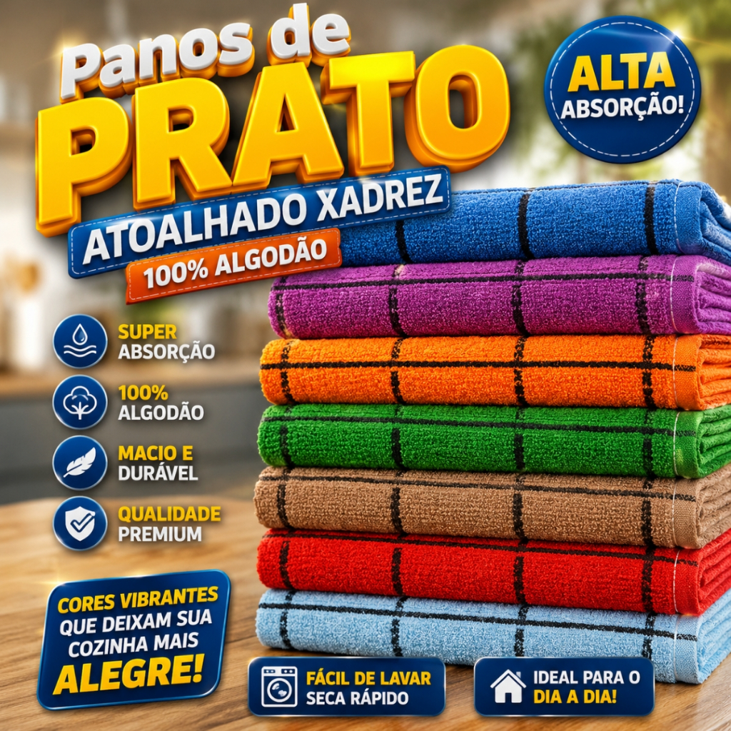 Kit 02, 03 ou 05 Toalha Vintage Cozinha Copa Pano Listrado xadrez 100% Algodão
