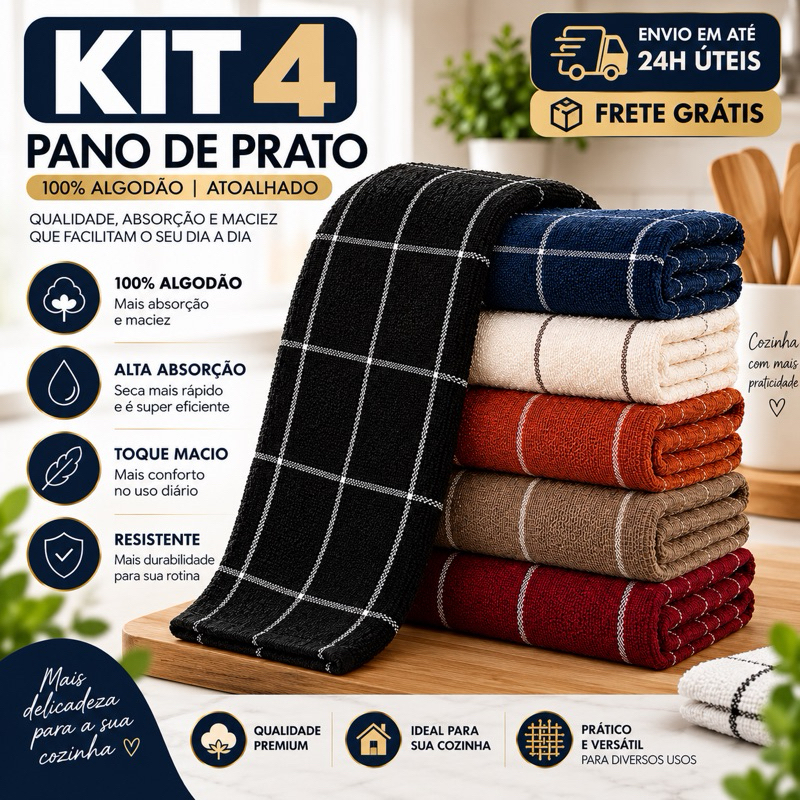 Kit 4 Pano Prato Copa Guardanapo Atoalhado Xadrez 100% Algodão Premium Colorido Vintage 4 Unidades