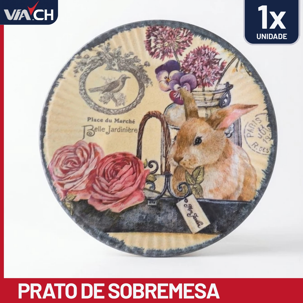 Prato Sobremesa Páscoa Coelho Bunny Vintage Decorado Scalla