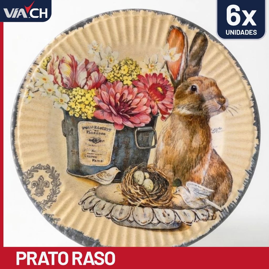 Conjunto 6 Prato Raso Páscoa Coelho Bunny  Vintage Scalla