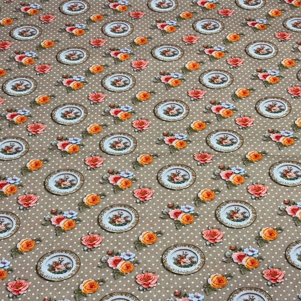 Tecido Tricoline Rotativo Vintage Retro Pratos Floral Fundo Poá Bege