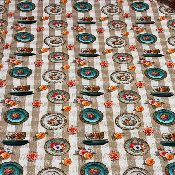 Tecido Tricoline Rotativo Vintage Retro Floral Pratos fundo Xadrez Bege
