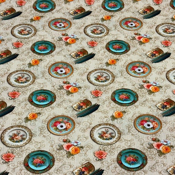 Tecido Tricoline Rotativo Vintage Retro Prato Floral Fundo Arabesco Bege