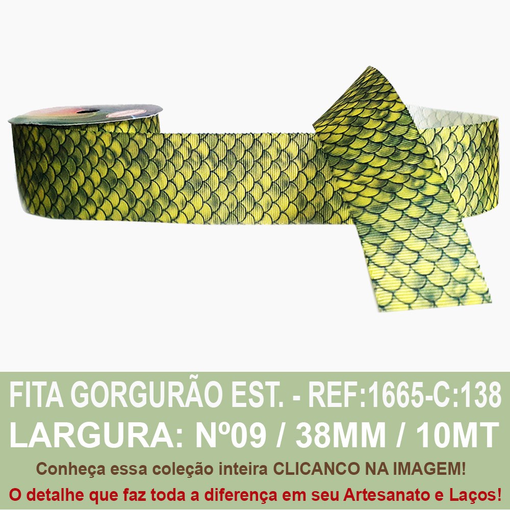 Fita Gorgurão Estampado Escamas Vd/am Cor: C138 - Ref: 1665/38/138 - Sinimbu