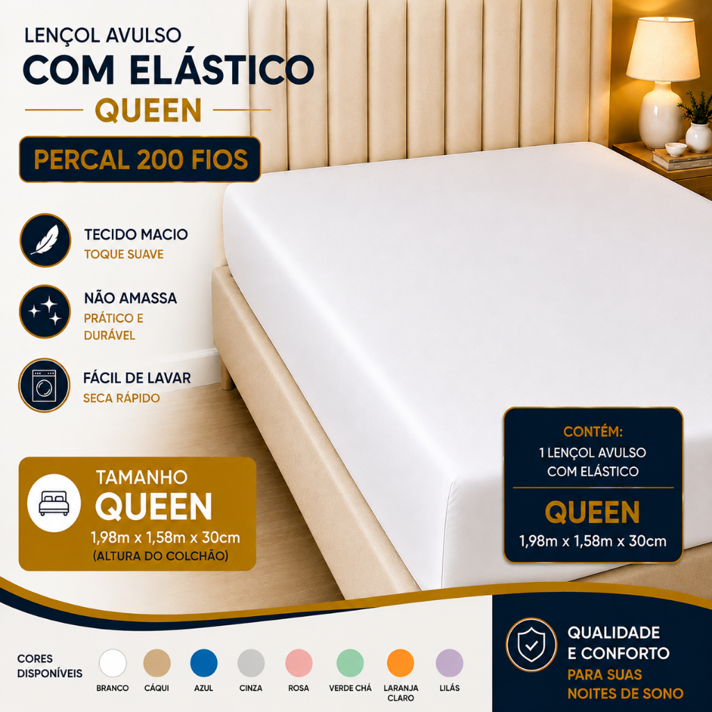 Lençol c/ Elástico Queen Size Avulso Percal 200 Fios