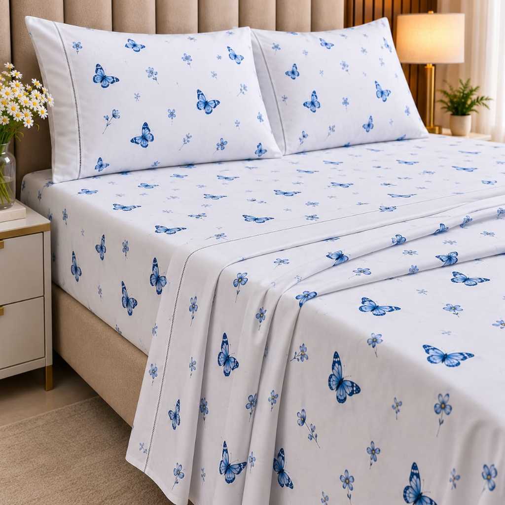 Jogo De Lençol Queen Size 4 Peças Percal 180 Fios Estampado Ponto Palito Elástico Macio