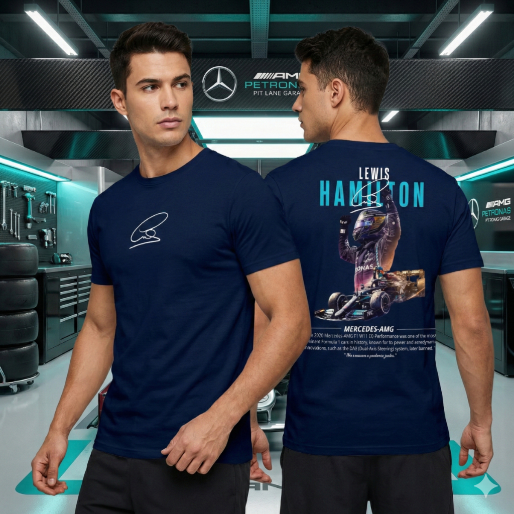 Camiseta Masculina Blusa Tendência Lewis Hamilton F1 AMG  Frente e Costa Algodão Qualidade Premium Envio Imediato