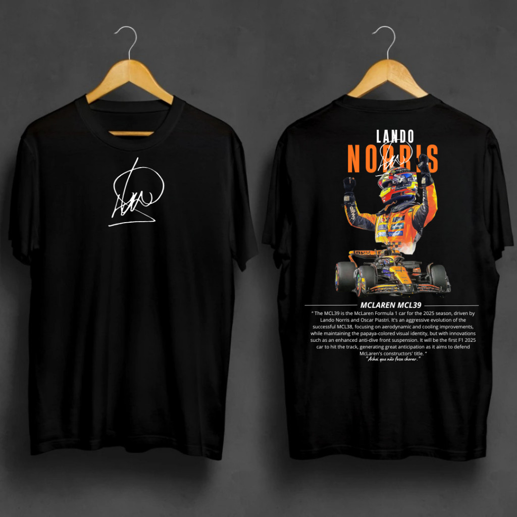 Camiseta Masculina Lando Norris Campeão Mundial Comemora F1 Blusa Assinatura Frente e Costas Estampada Tendência Algodão