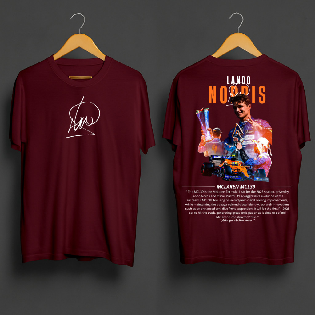 Camiseta Masculina Lando Norris Troféu25 Campeão Mundial F1 Blusa Assinatura Frente e Costas Estampada Tendência Algodão