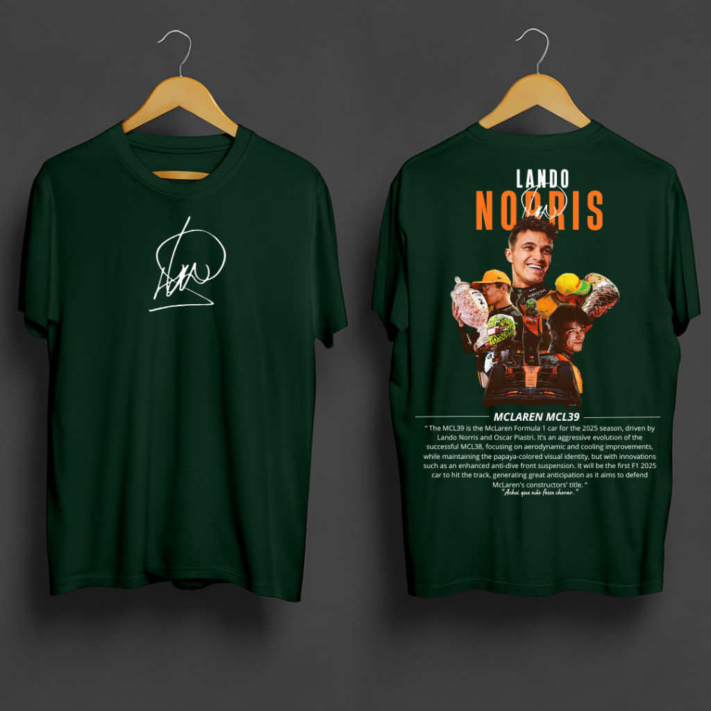 Camiseta Masculina Lando Norris Troféu Campeão Mundial F1 Blusa Assinatura Frente e Costas Estampada Tendência Algodão
