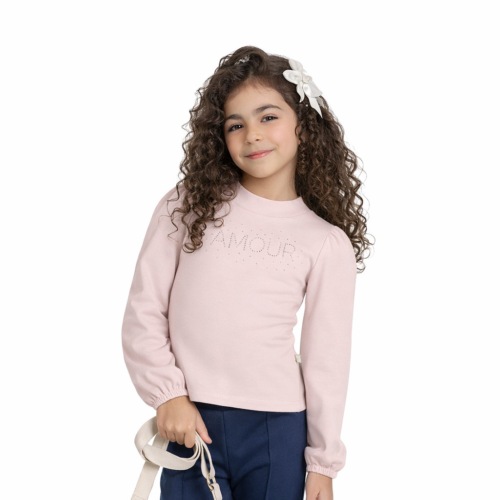 Blusa Meninas Manga Longa Suedine Rosa Claro Amour Strass Brilho Glinny