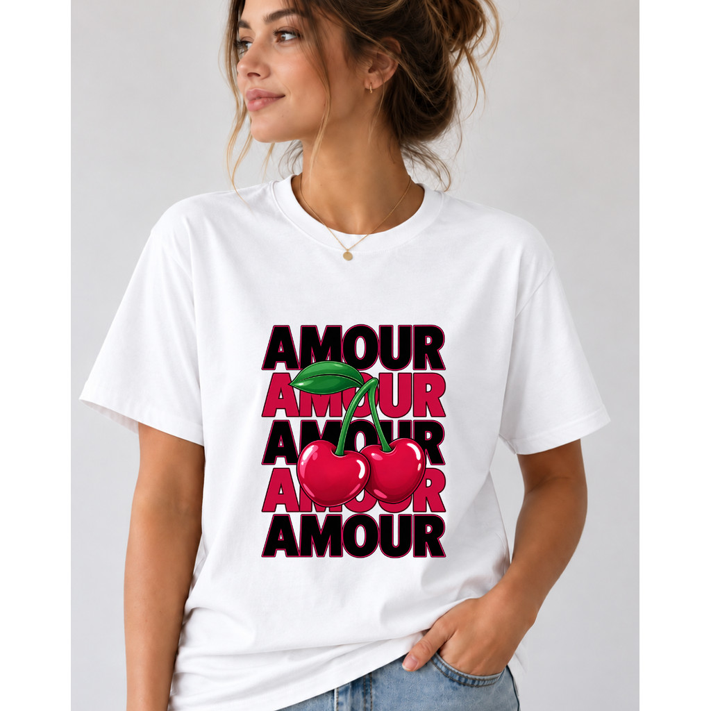 Camiseta Feminina 100% Algodão Estampa Cerejas Amour – Estilo Moderno, Romântico e Fashion
