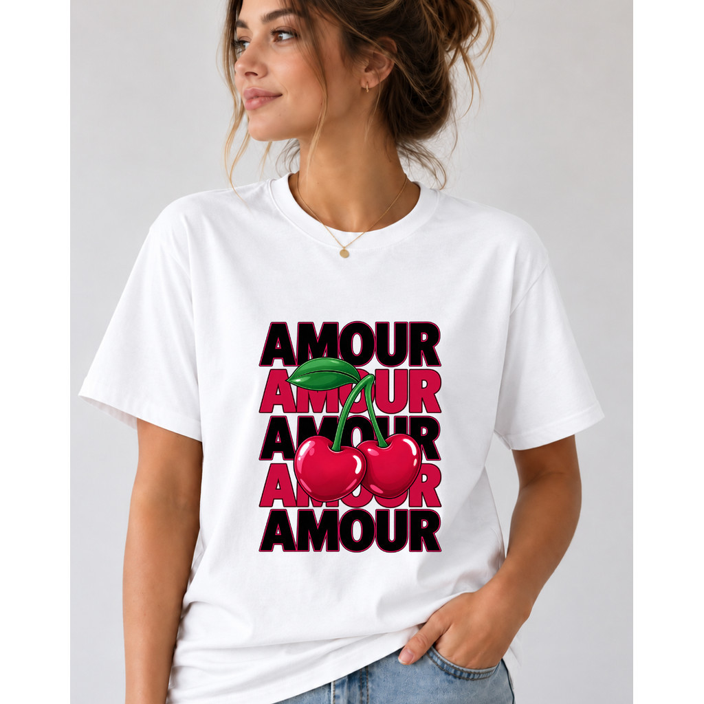 Camiseta Feminina 100% Algodão Estampa Cerejas Amour – Estilo Moderno, Romântico e Fashion