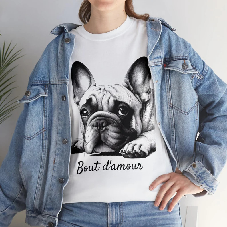 [Camiseta Premium em Algodão Puro]GXG Camiseta T-Shirt Bout d'amour Cachorro Bulldog Francês Unissex Blusa