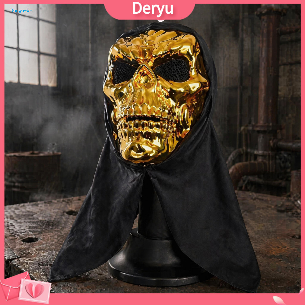 Reflective Gold Skull Mask Full Head Black Scarf Halloween for Adults Breathable Mesh Eyes Headscarf Mirror Texture Part