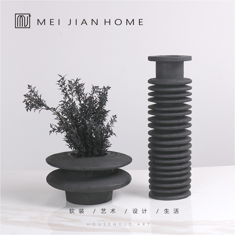 New Chinese-style wood-grain texture resin black vase with artificial flowers and dried flowers for home, villa, and art