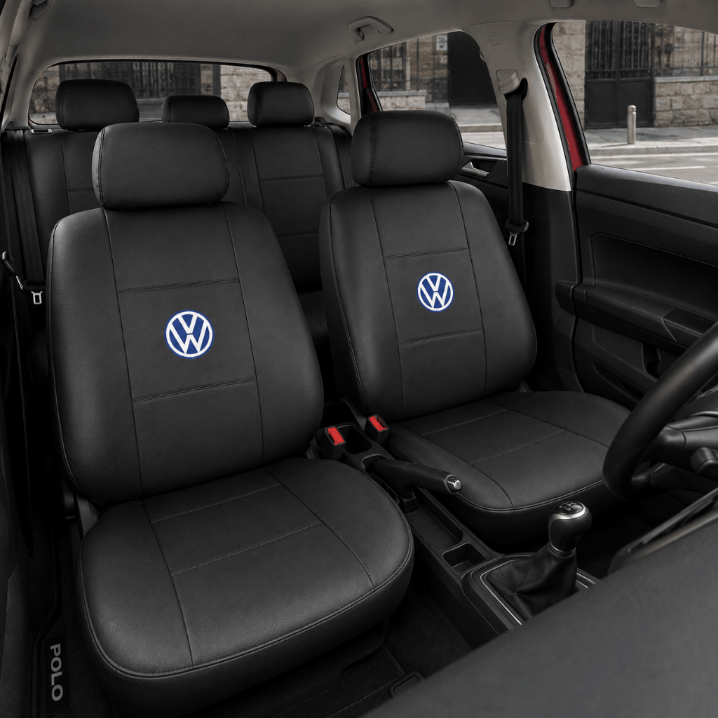 Capa para Banco Volkswagen Polo Couro Sintético Preta com Logo Bordado Kit Completo Automotivo