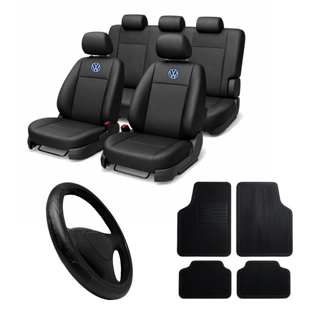 Kit Capa Banco Couro + Tapete + Capa Volante VW Gol Polo Fox T-Cross