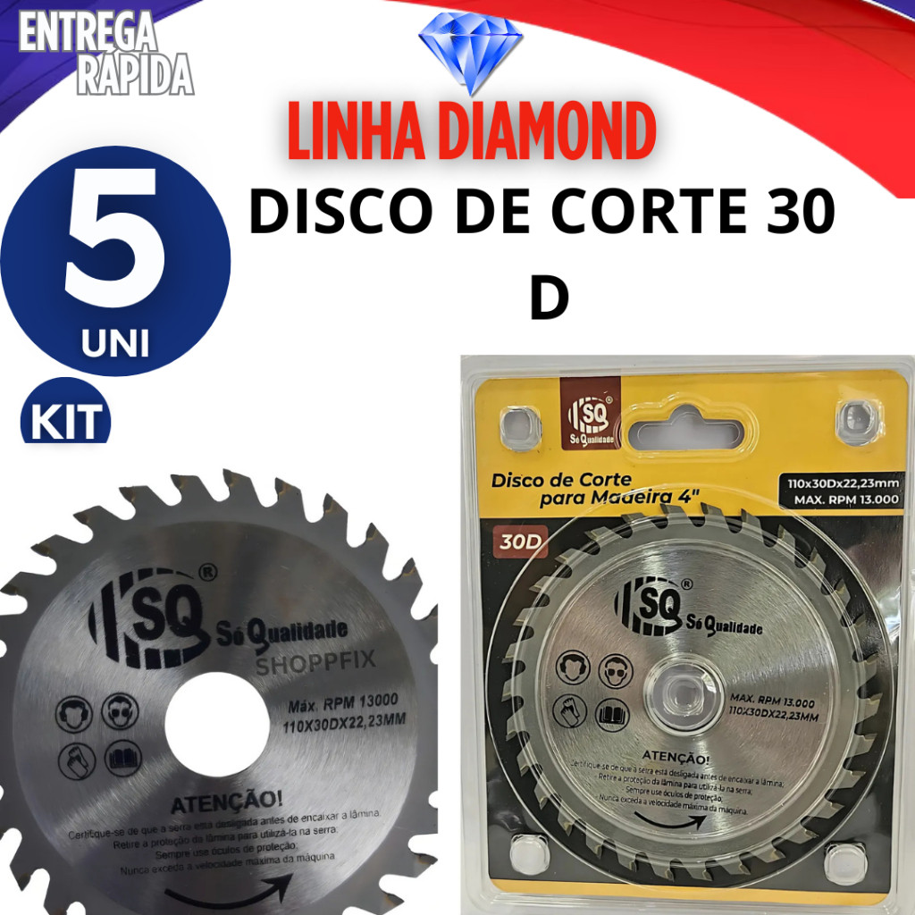 JOGO 5 DISCO DE CORTE 30 D PARA MADEIRA SERRA CIRCULAR
