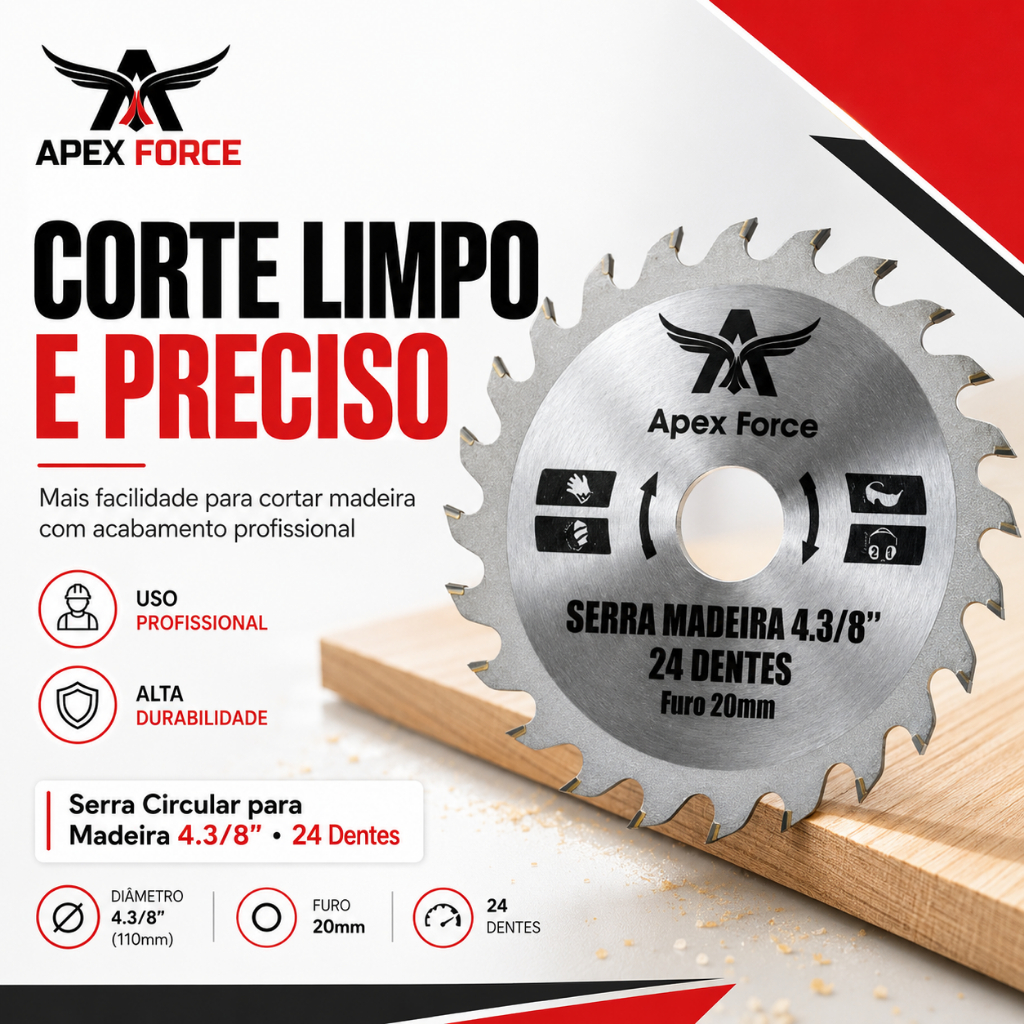 Corte Rápido e Preciso em Madeira Disco de Serra Circular Apex Force 110mm 24 Dentes