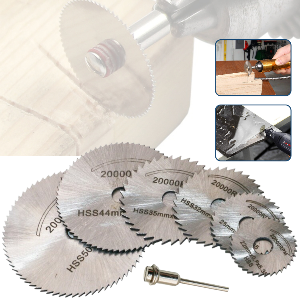Kit 7pcs Mini Discos Serra Circular Pontas Montadas Hss P/ Micro Retificador Furadeira Retifica Dremel 20000 RPM + Haste 1/8 Corta Madeira Metal Plástico Alumínio Cano EVA Laminado MDF PVC Acessórios de Corte Profissional Jogo Ferramenta Resistente