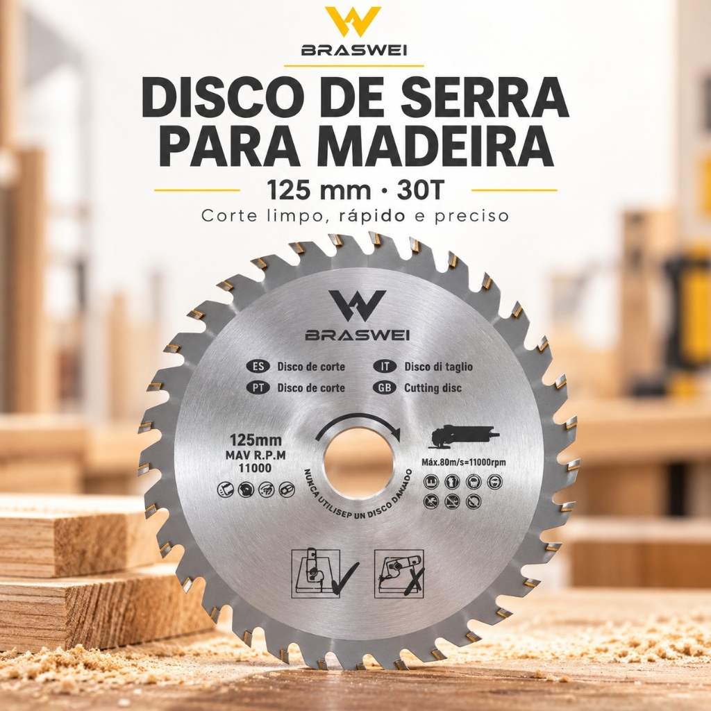 Disco de Serra Circular Profissional 125mm 30 Dentes Furo 22,2mm para Madeira MDF e Compensado
