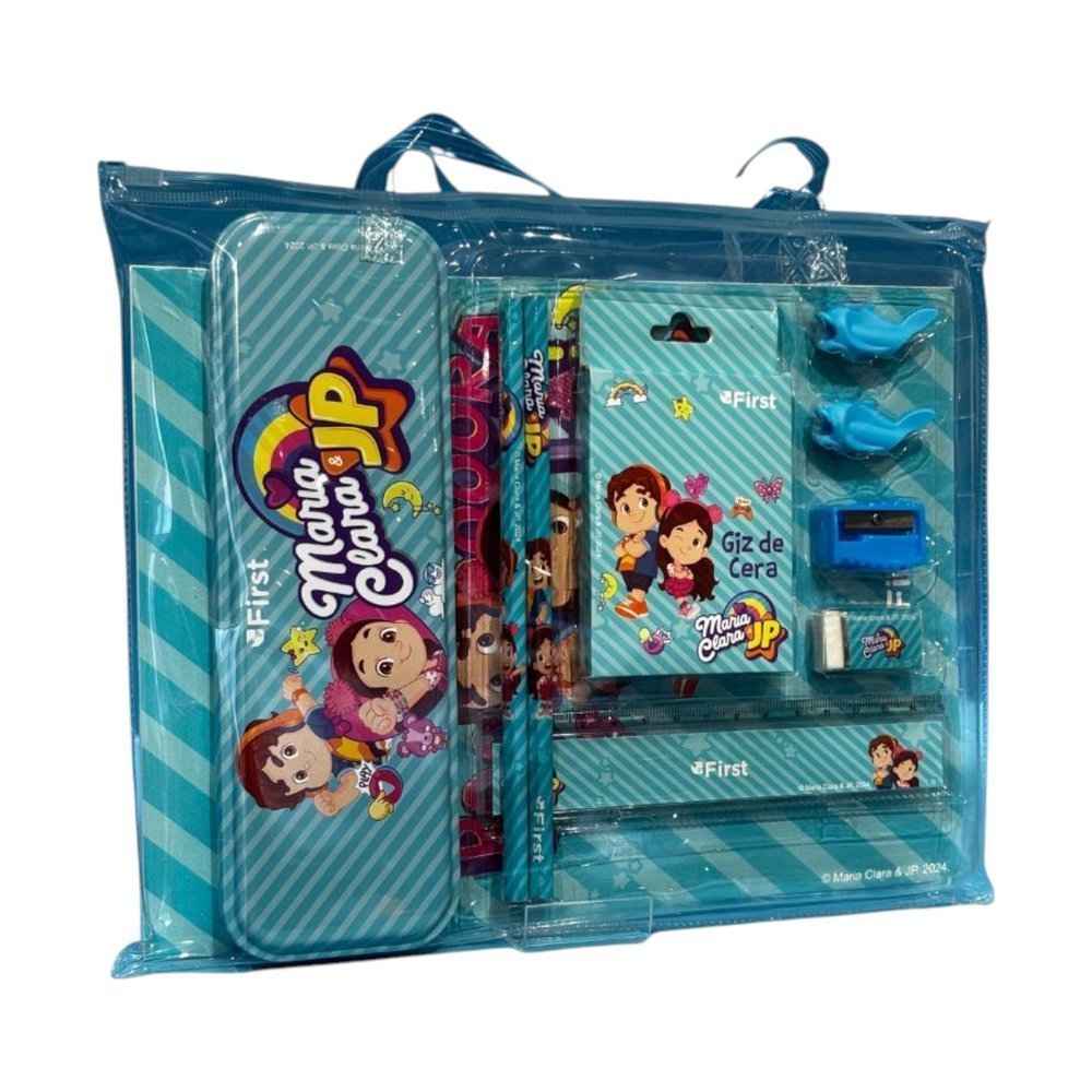 kit Escolar Maria Clara e JP Infantil First Bolsa Com 6 ou 7 Tipos de Itens Estojo Acessórios Desenhar Pintar Azul