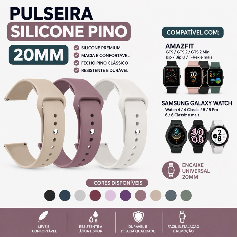 Pulseira Silicone 20mm Pino Universal Compatível Samsung Galaxy Watch Amazfit GTS Bip Huawei Feminina Masculina