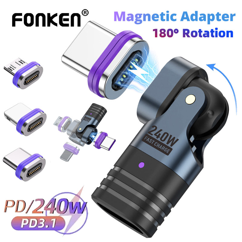 Adaptador Magnético Fonken PD240W USB C Para 16 Pinos Tipo Micro iOS Macho 180 ° Conversor De Dados De Rotação
