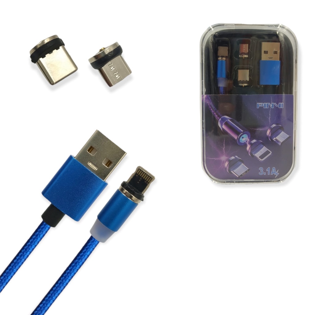 Cabo Magnético Turbo 3 em 1 Micro Usb Tipo C e Ios Com Led Universal