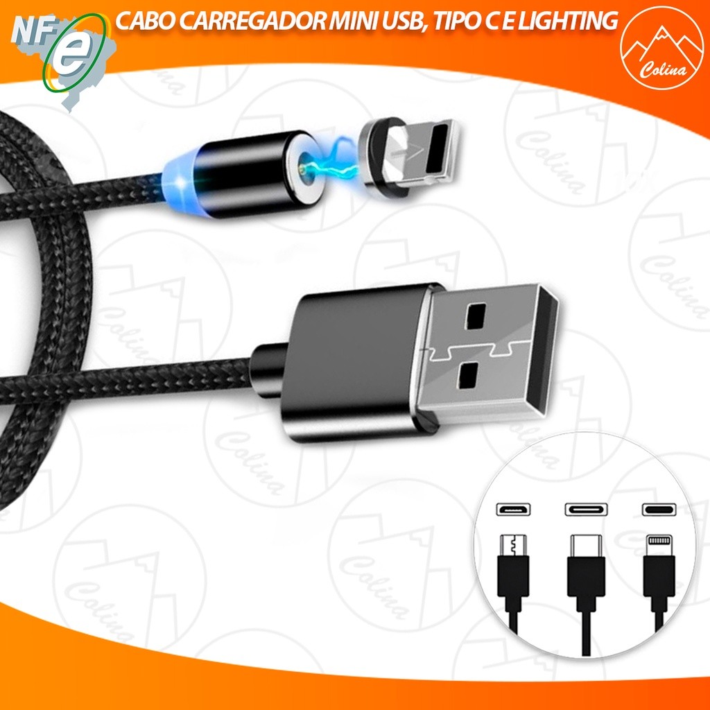 Cabo Magnético Carregador Micro Usb Tipo-c Android  Iphone Samsung V8 Imã Premium