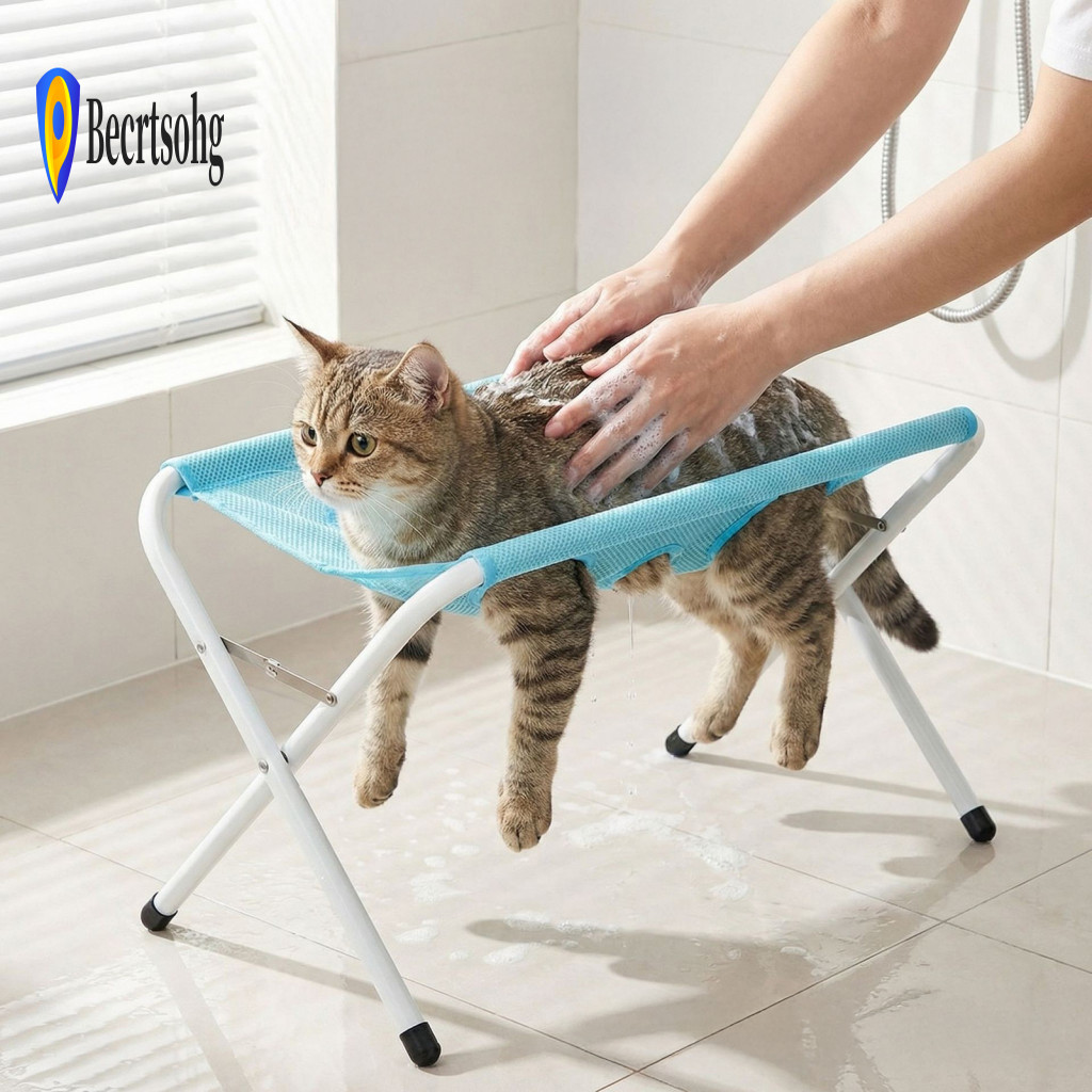 Professional Pet Bathing Aid Grooming Hammock with Stand – Foldable Cat Dog Table Mesh Washing Station for Easy Nail T
