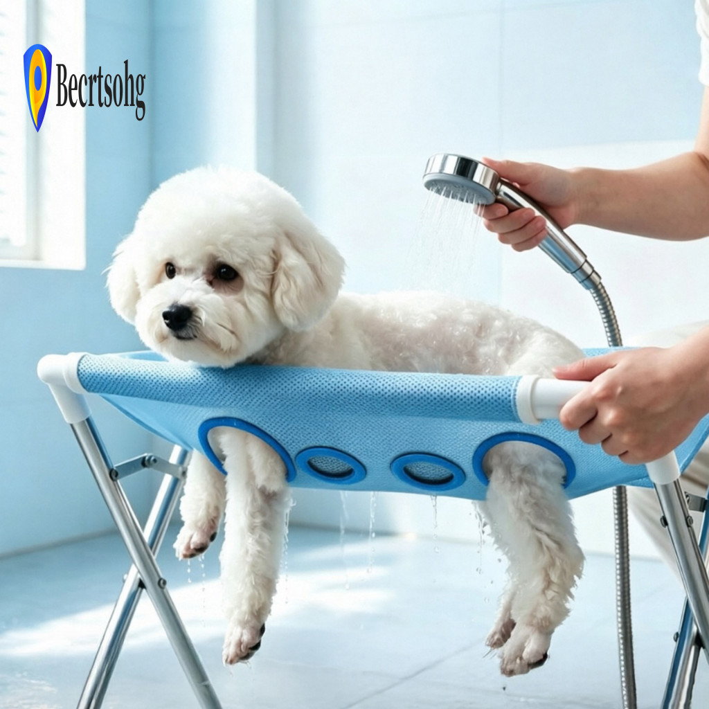 Mesh Pet Bath Support Foldable Dog Grooming Hammock Stand with Platform – Stainless Steel Wash Station 8-hole Table fo