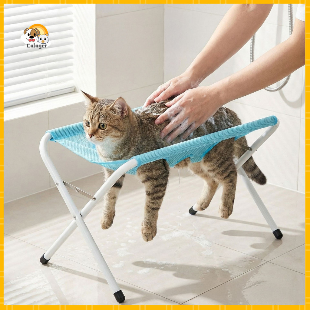 Cat Grooming Harness Pet Hammock with Stand – Foldable Dog Table Mesh Washing Station for Easy Nail Trimming and Bathi