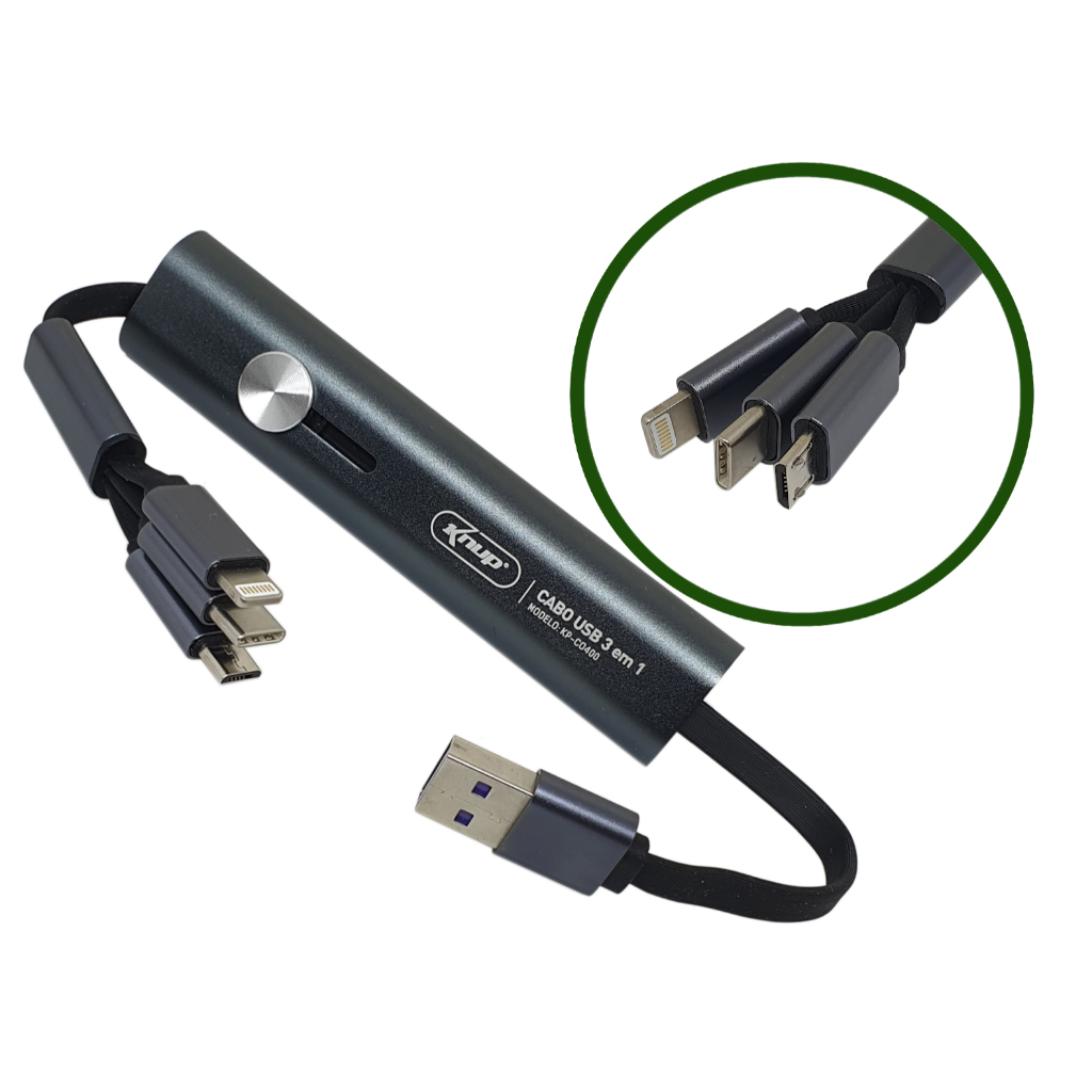 Cabo curto Multi conectores p/ apenas carregar Celular 3 In1, Micro usb, type-c, Lightining carga Rápida 3.4A 0.30cm.