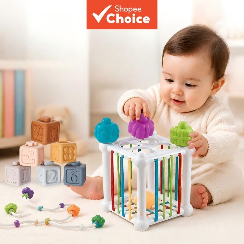 Bola Chocalho para Bebê + Copos de Empilhar + Blocos Macios – Kit de Brinquedos Montessori Sensorial para Coordenação e